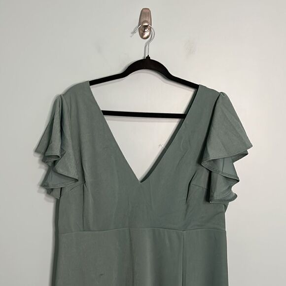 Birdy Grey Hannah Flutter Sleeve Bridesmaid Dress Slit in Sea Green Crepe NWT - Picture 3 of 7